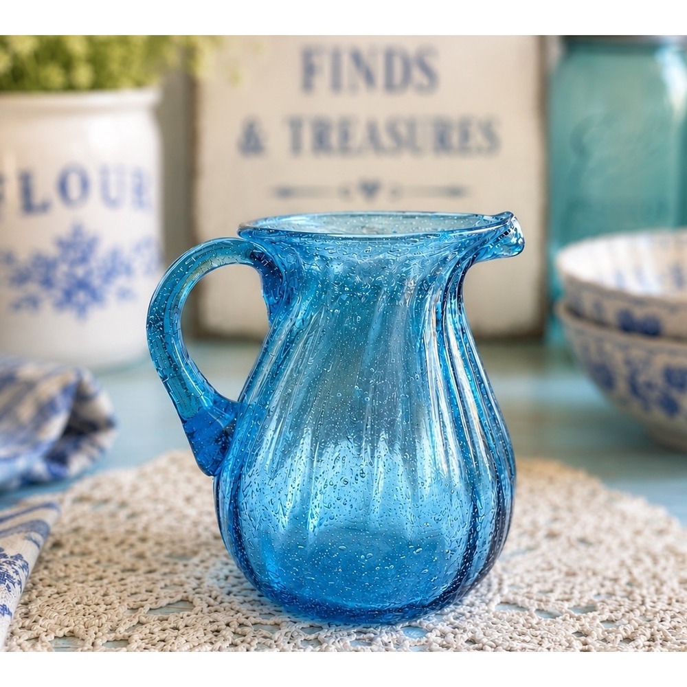 Vintage Aqua Blue Optical Ribbed Bubble Glass Mini Pitcher 4" Hand Blown USA